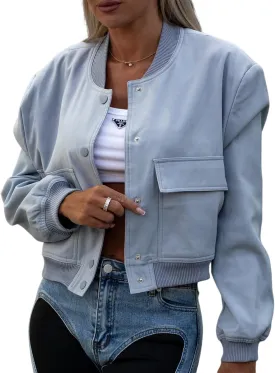 Womens Cropped Bomber Jacket 2024 Varsity Button Down Jackets Shackets with Pockets