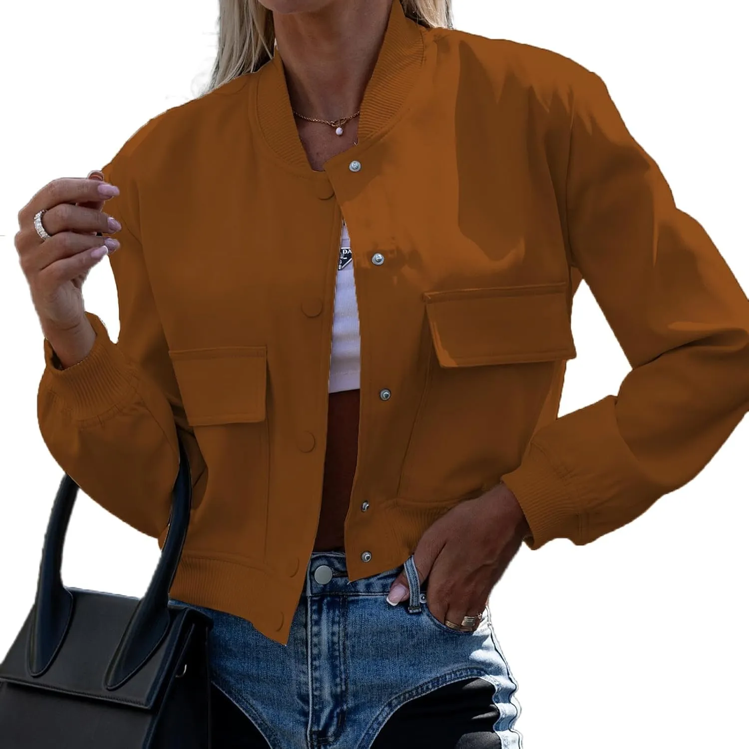 Womens Cropped Bomber Jacket 2024 Varsity Button Down Jackets Shackets with Pockets