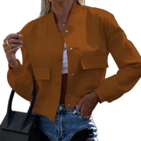 Womens Cropped Bomber Jacket 2024 Varsity Button Down Jackets Shackets with Pockets