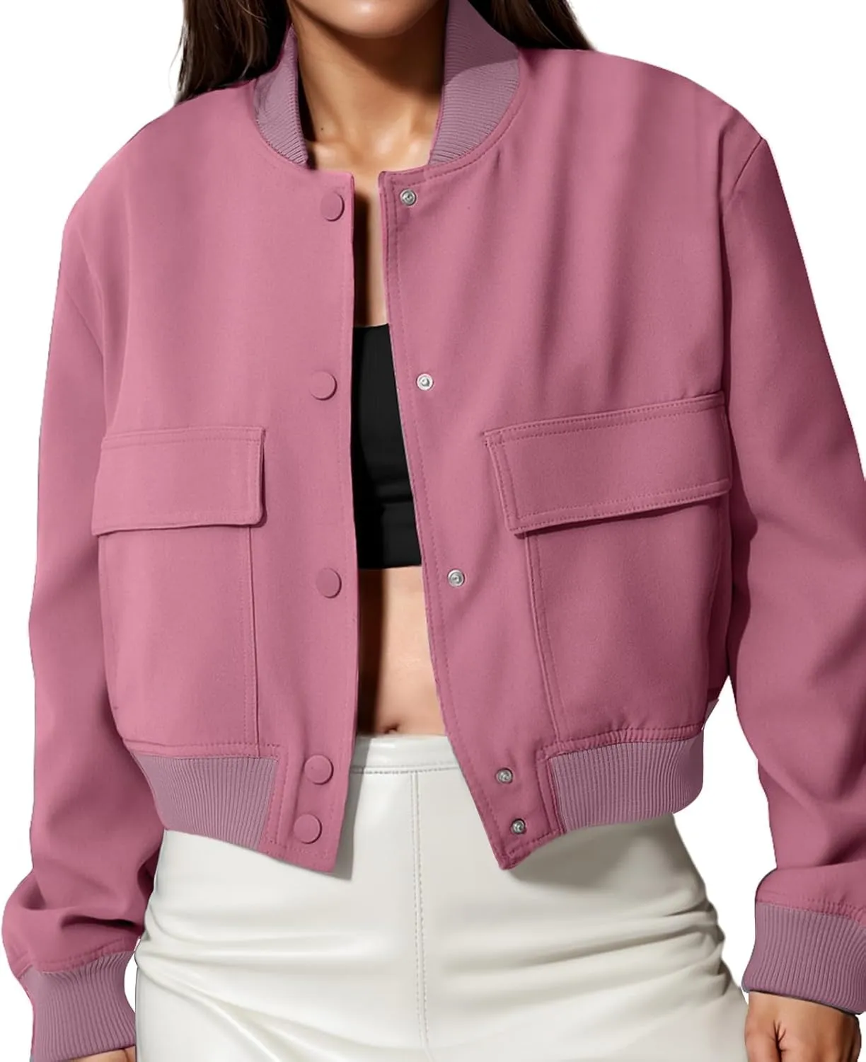 womens Cropped Bomber Jacket Button Down Varsity Jackets Shackets With Pockets