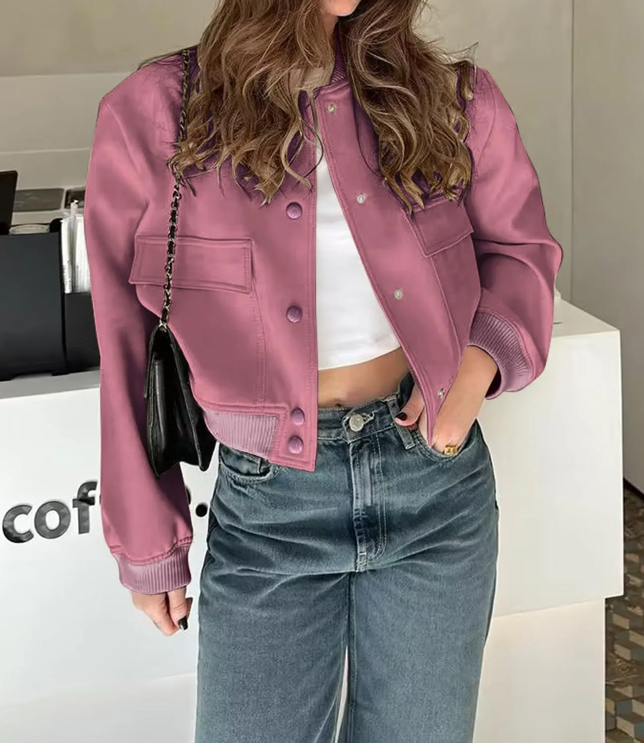 womens Cropped Bomber Jacket Button Down Varsity Jackets Shackets With Pockets