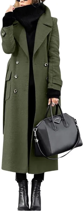 Womens Long Pea Coat Double Breasted Lapel Wool Blend Coat Casual Winter Overcoat