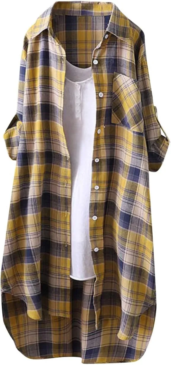 Womens Oversized Button Down Plaid Shacket Shirt Roll Up Long Sleeve Casual Boyfriend Tunic Blouse Top 2024 Fall