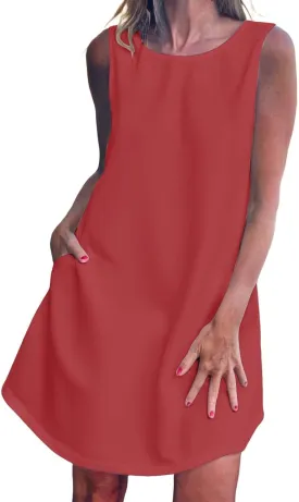 Women's Round Neck Casual Tank Dress Cuffless T Shirts Dresses Solid Color Beach Sundress with Pocket
