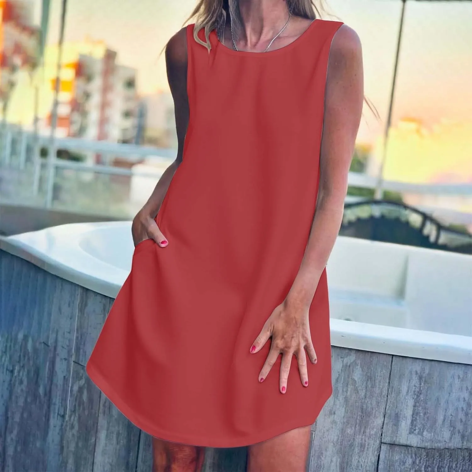 Women's Round Neck Casual Tank Dress Cuffless T Shirts Dresses Solid Color Beach Sundress with Pocket
