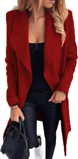 YMING Womens Winter Wide Lapel Trench Coat Wool Blend Belted Jackets Solid Color Wrap Long Coats